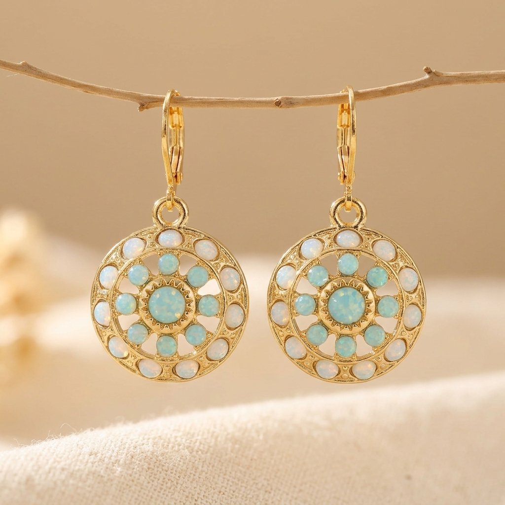 PENDIENTES VINTAGE TURQUESA ORO MANDALA GÉOMÉTRIQUE