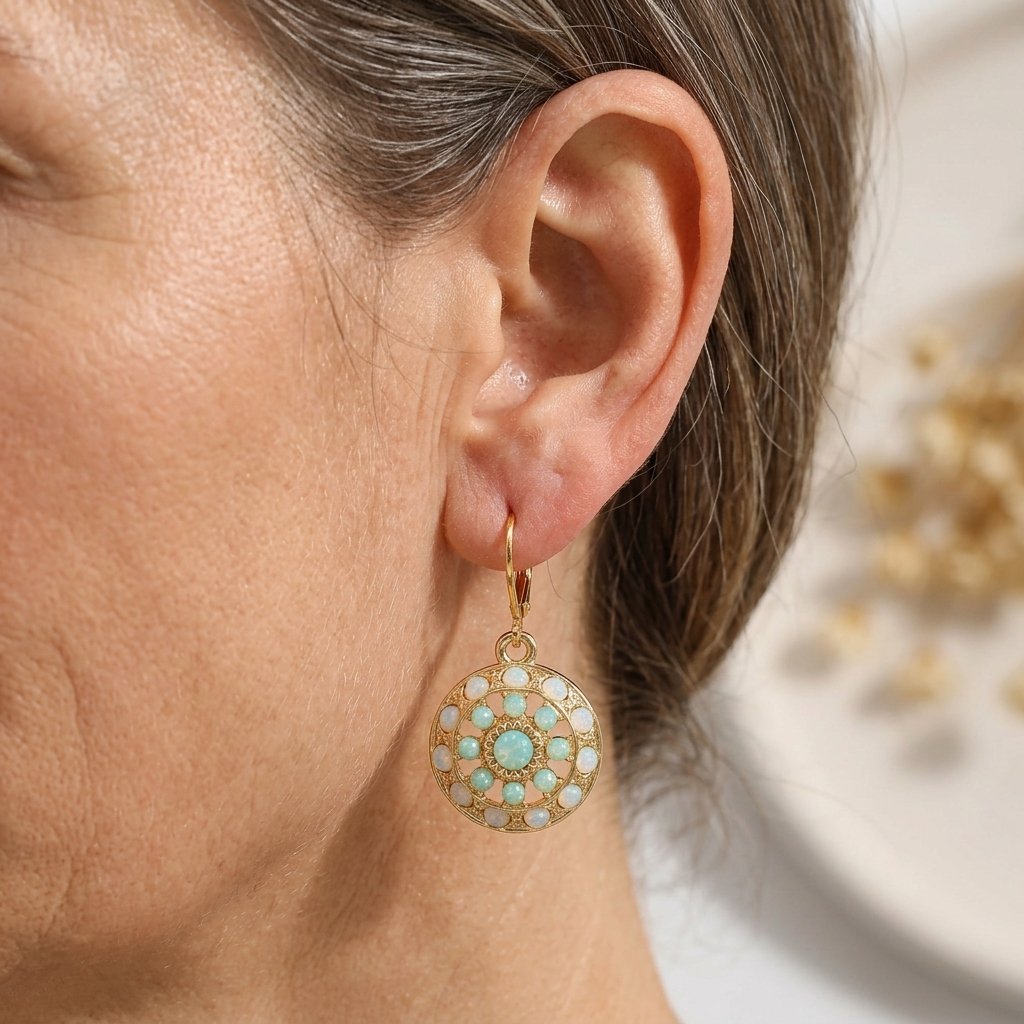 PENDIENTES VINTAGE TURQUESA ORO MANDALA GÉOMÉTRIQUE