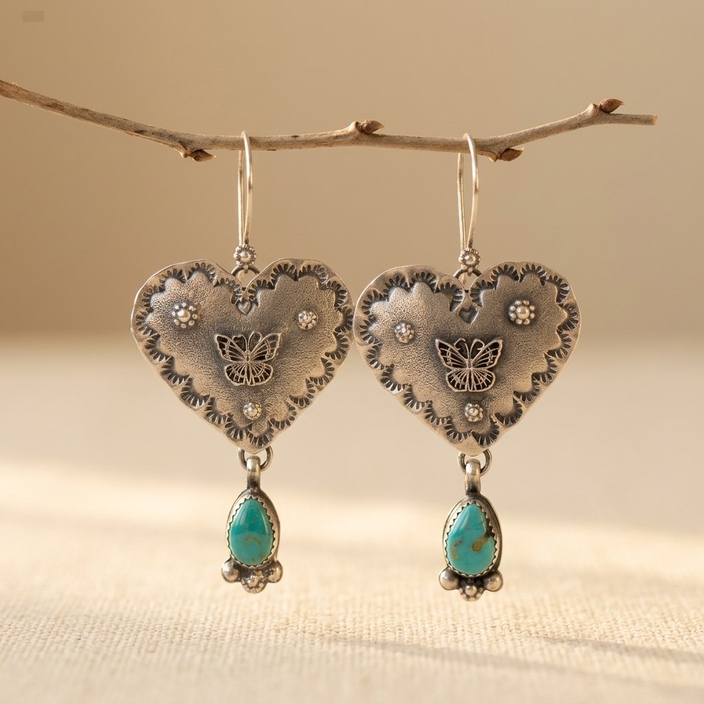 PENDIENTES ARTISANAL FAIT MAIN TURQUESA PLATEADO CORAZÓN COLGANTE FAIT MAIN
