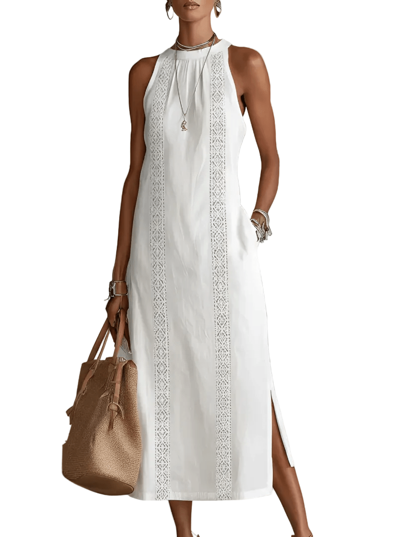 VESTIDO MIDI DE LINO CON CUELLO MAO - VALERINA MARBELLA