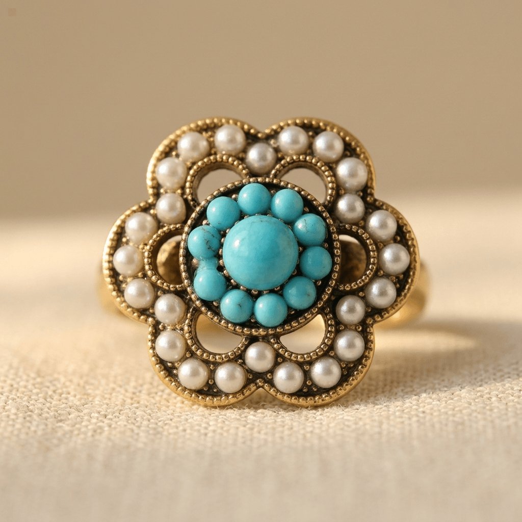 ANILLO TURQUESA Y PERLA FLORAL