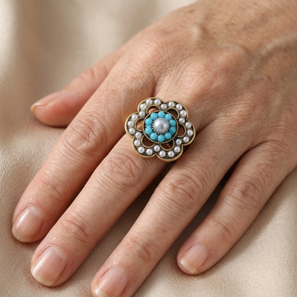 ANILLO TURQUESA Y PERLA FLORAL