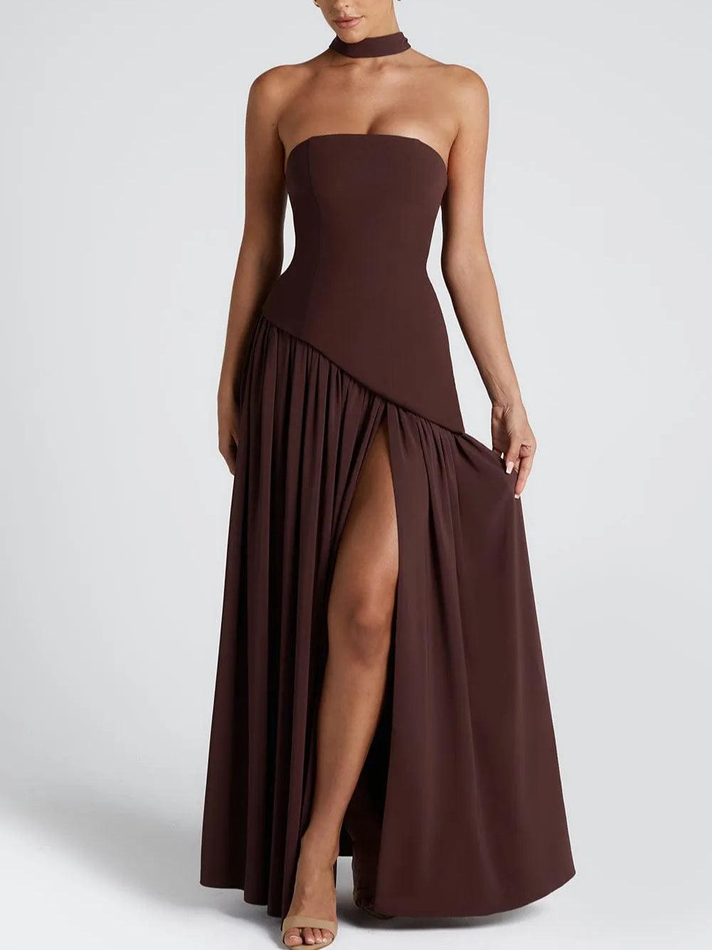 VESTIDO MAXI SIN TIRANTES CON ABERTURA Y CINTA