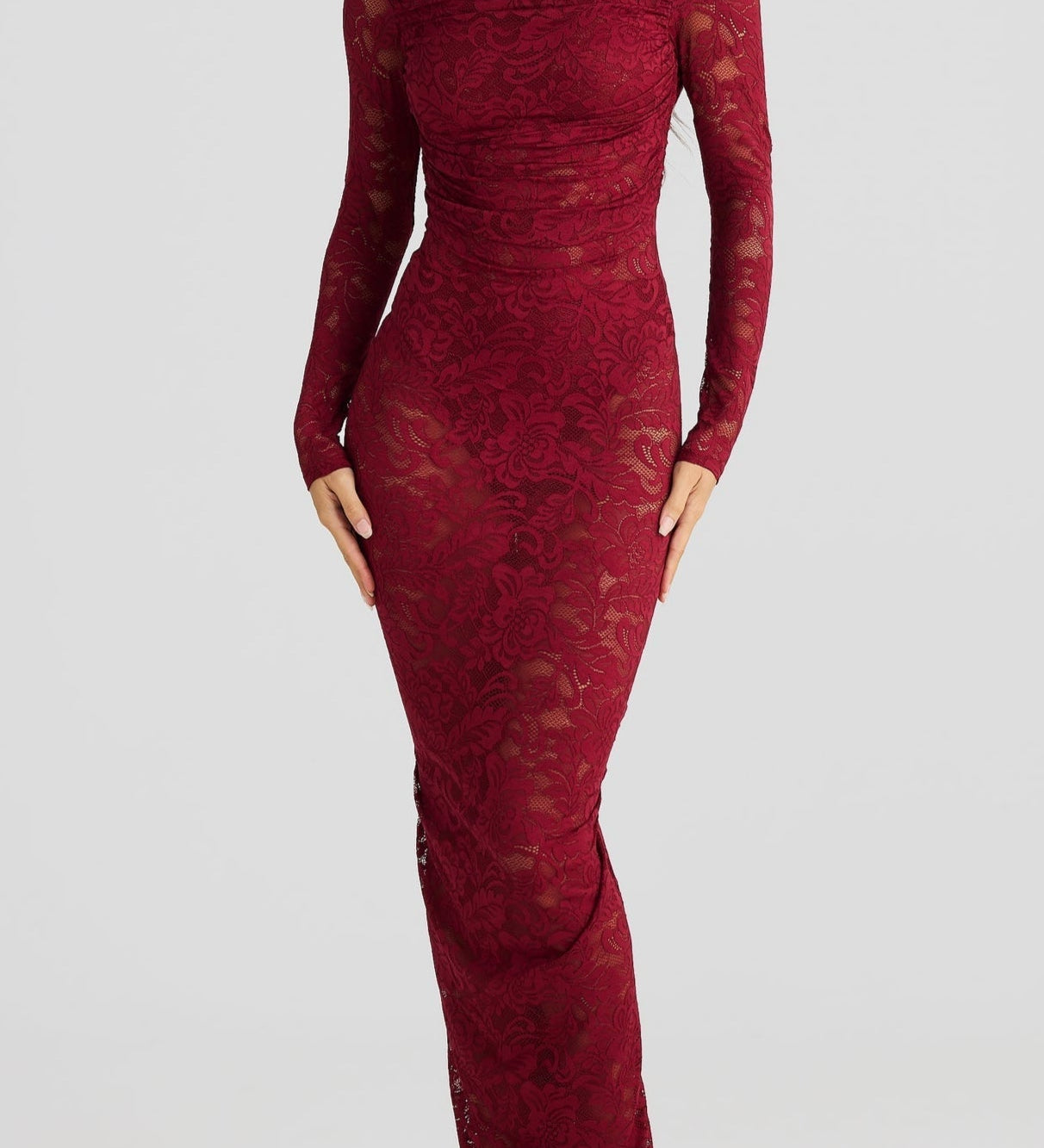 Hollowed Lace Long Sleeved Backless Maxi Dress