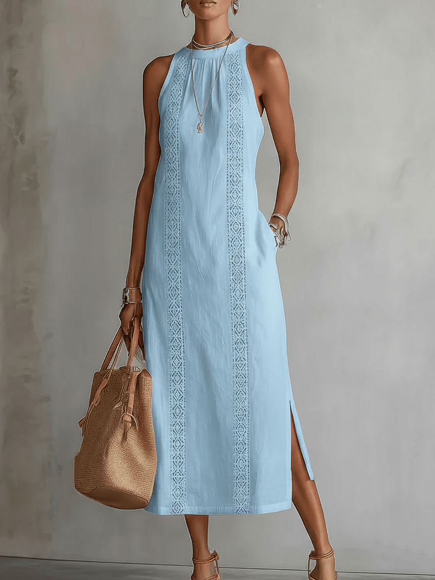 VESTIDO MIDI DE LINO CON CUELLO MAO - VALERINA MARBELLA