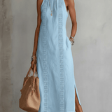 VESTIDO MIDI DE LINO CON CUELLO MAO - VALERINA MARBELLA