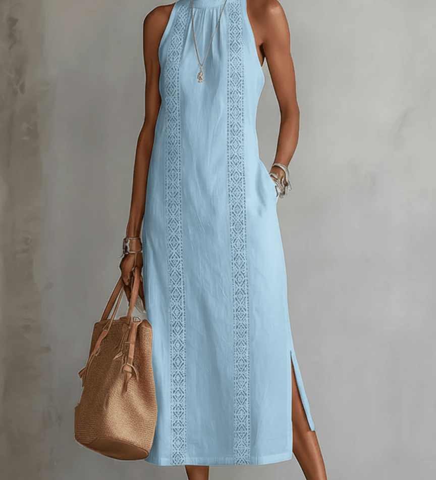 VESTIDO MIDI DE LINO CON CUELLO MAO - VALERINA MARBELLA