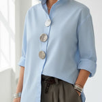 Womens Elegant Stand-collar Metal Buttons Cotton Linen Blouse