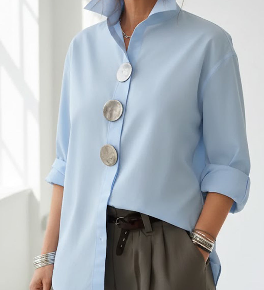 Womens Elegant Stand-collar Metal Buttons Cotton Linen Blouse