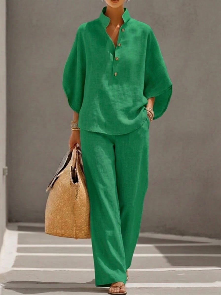 CONJUNTO DE ALGODÓN Y LINO CON MANGAS MURCIÉLAGO - VALERINA MARBELLA