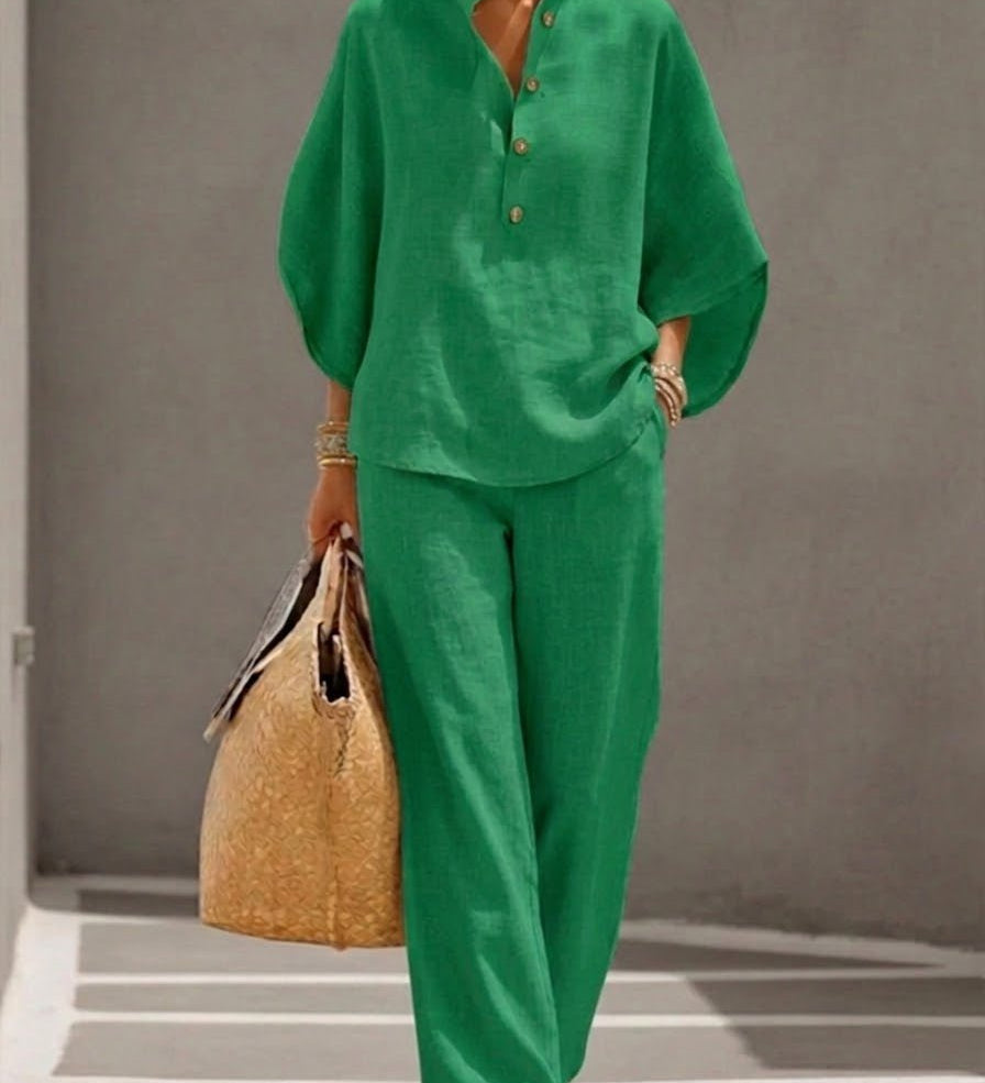 CONJUNTO DE ALGODÓN Y LINO CON MANGAS MURCIÉLAGO - VALERINA MARBELLA