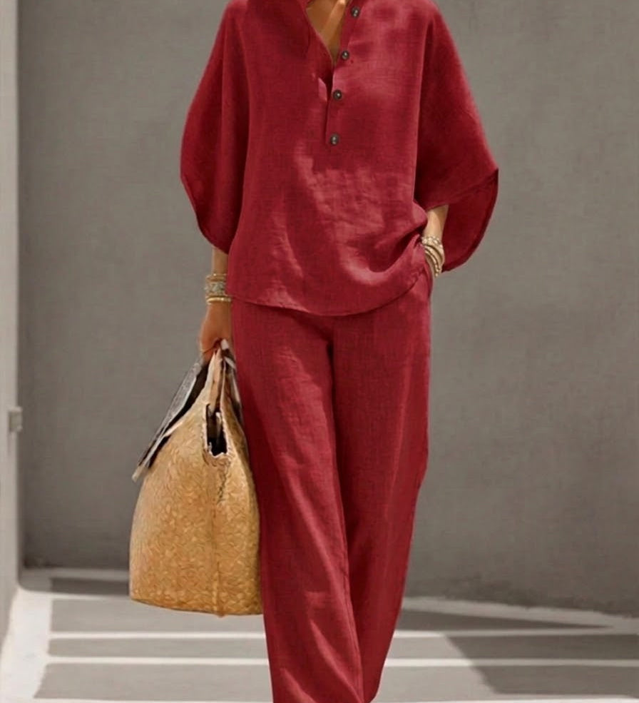 Mariel | Ensemble Coton Lin Manches Chauve-Souris Pantalon Large