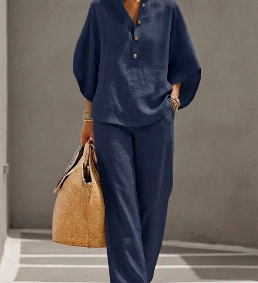 CONJUNTO DE ALGODÓN Y LINO CON MANGAS MURCIÉLAGO - VALERINA MARBELLA