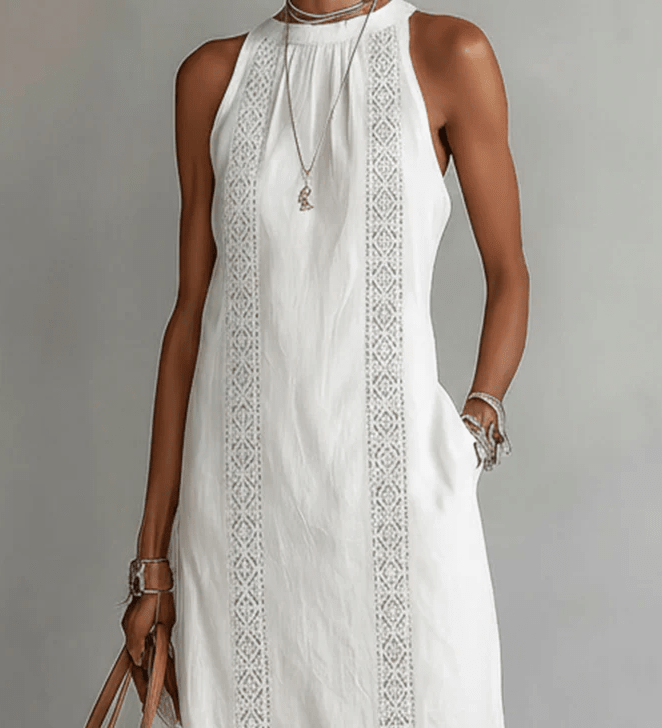 VESTIDO MIDI DE LINO CON CUELLO MAO - VALERINA MARBELLA