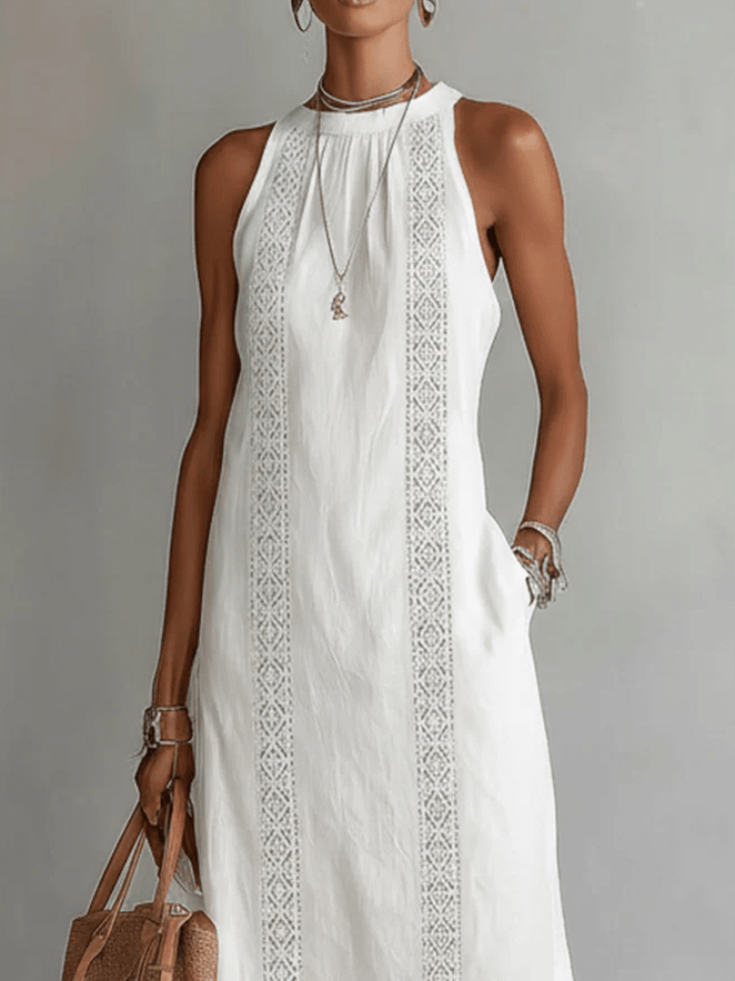 VESTIDO MIDI DE LINO CON CUELLO MAO - VALERINA MARBELLA