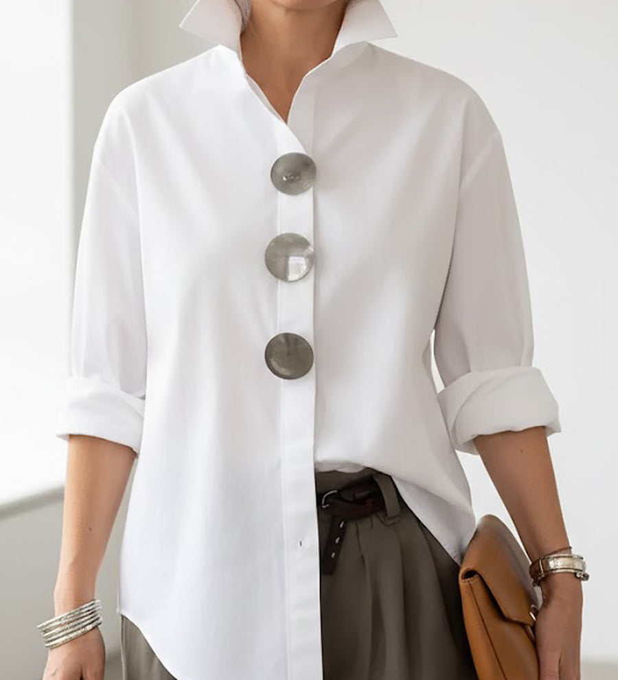 Womens Elegant Stand-collar Metal Buttons Cotton Linen Blouse
