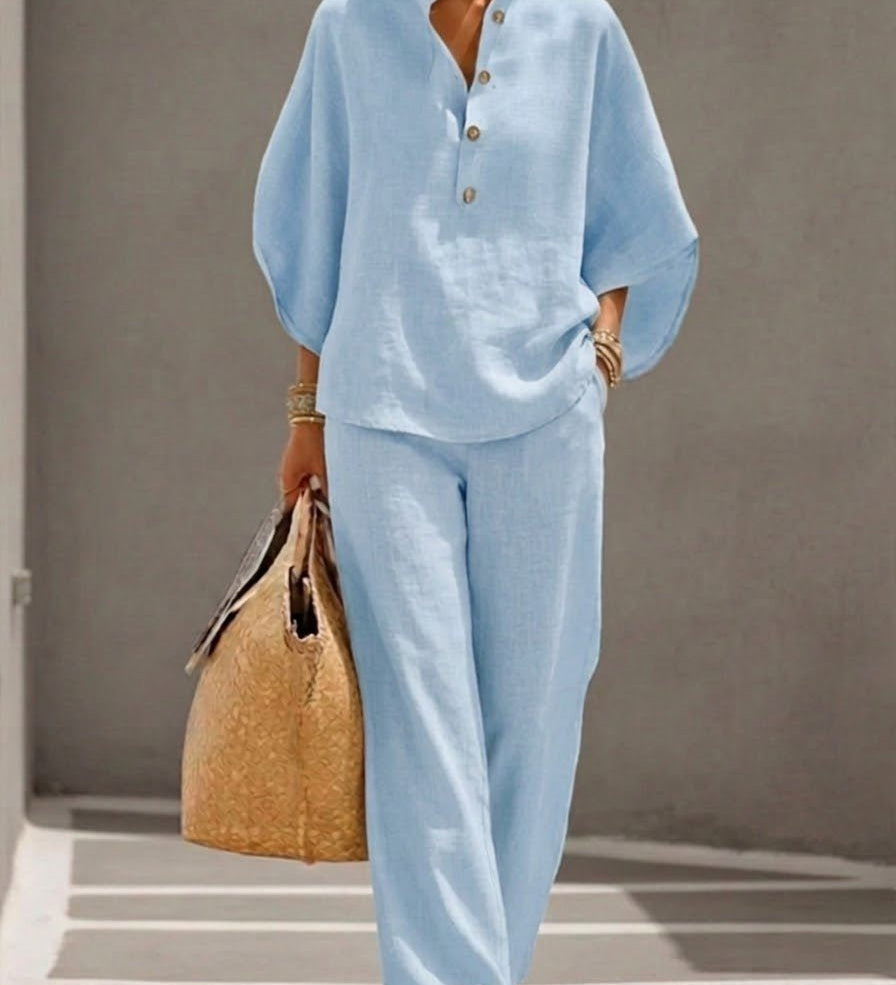 CONJUNTO DE ALGODÓN Y LINO CON MANGAS MURCIÉLAGO - VALERINA MARBELLA