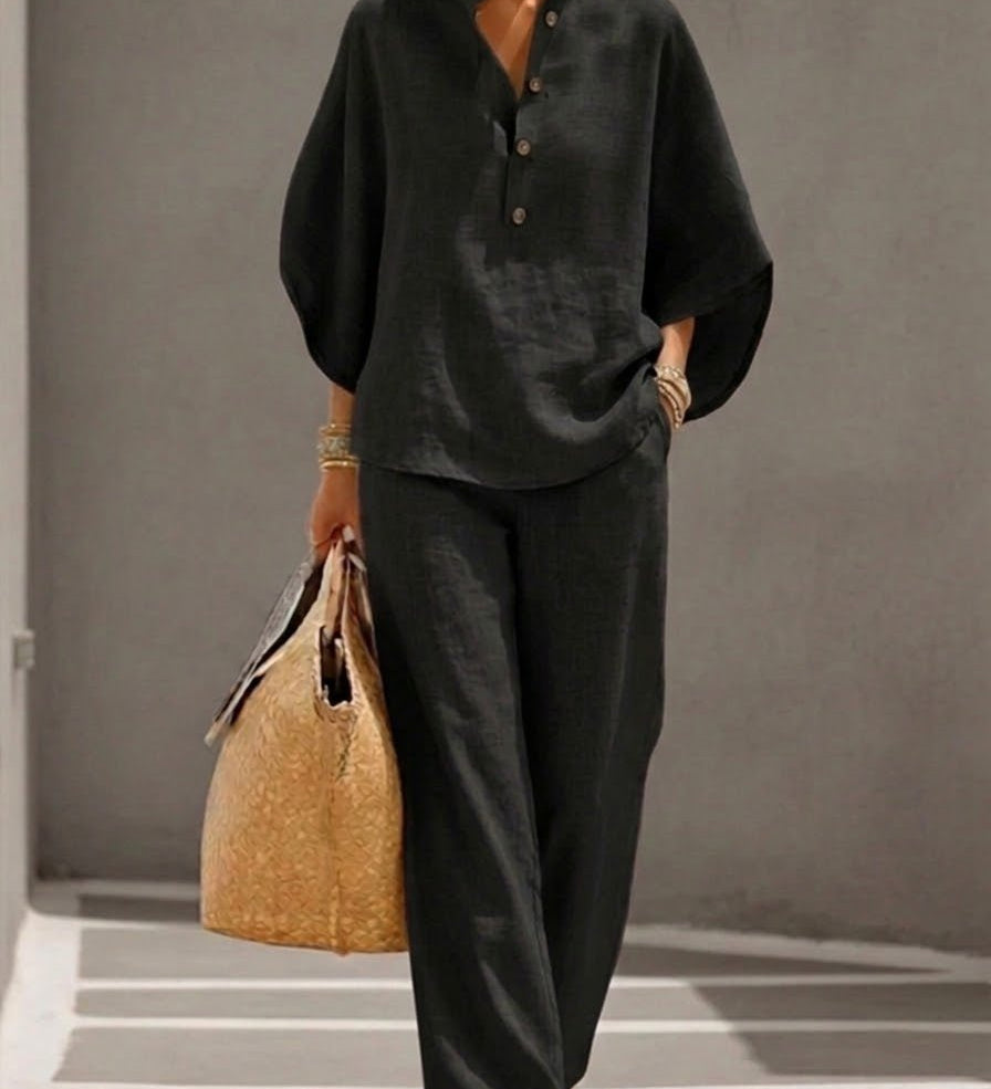 CONJUNTO DE ALGODÓN Y LINO CON MANGAS MURCIÉLAGO - VALERINA MARBELLA