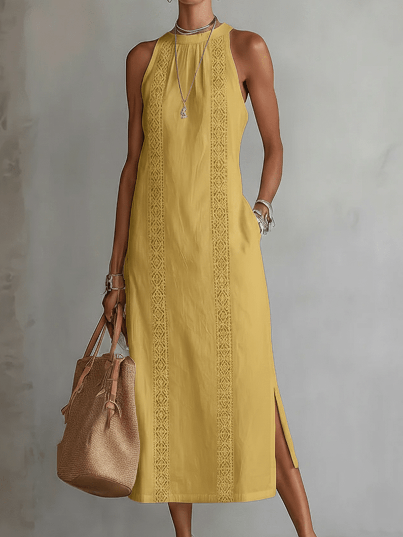 VESTIDO MIDI DE LINO CON CUELLO MAO - VALERINA MARBELLA