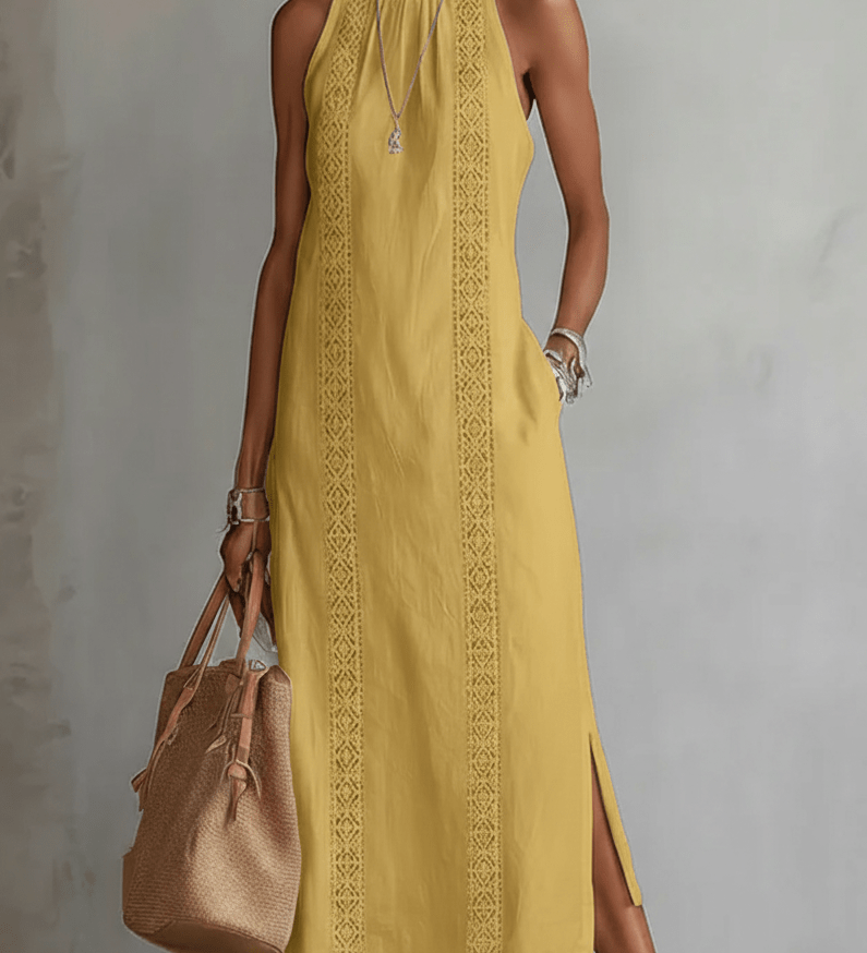 VESTIDO MIDI DE LINO CON CUELLO MAO - VALERINA MARBELLA