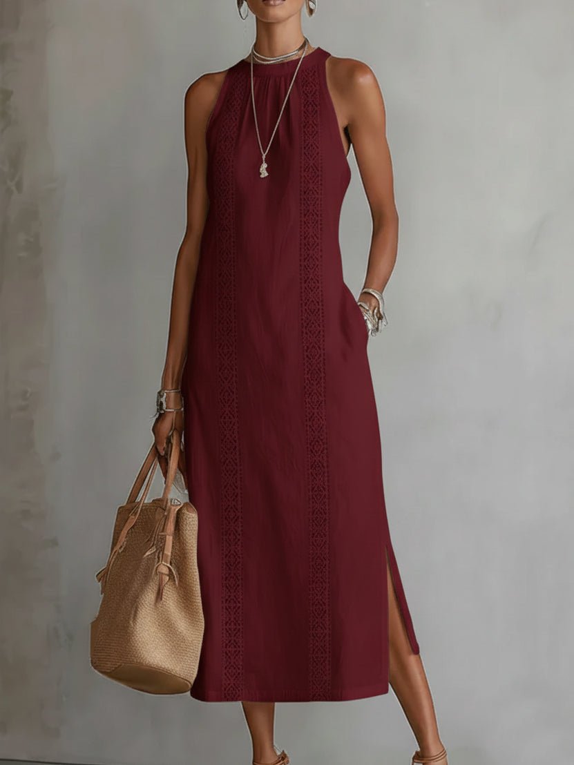 VESTIDO MIDI DE LINO CON CUELLO MAO - VALERINA MARBELLA