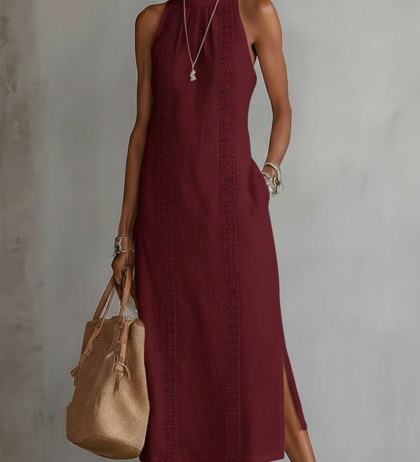 VESTIDO MIDI DE LINO CON CUELLO MAO - VALERINA MARBELLA