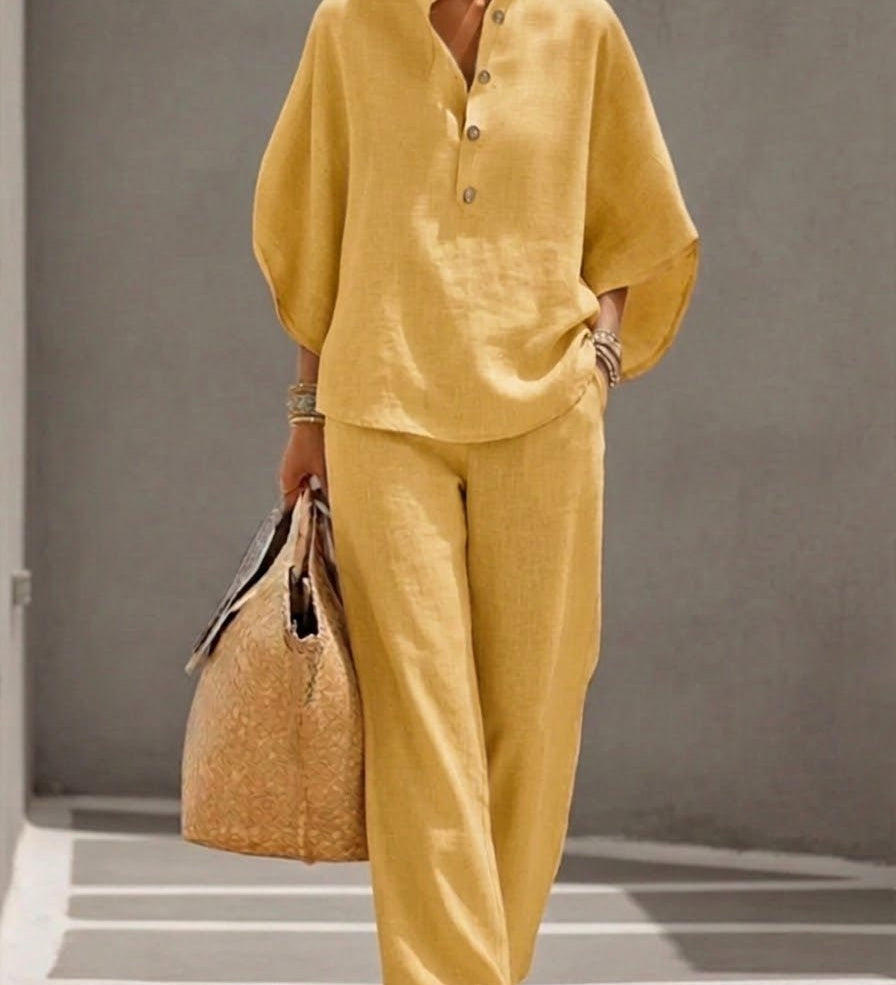 CONJUNTO DE ALGODÓN Y LINO CON MANGAS MURCIÉLAGO - VALERINA MARBELLA