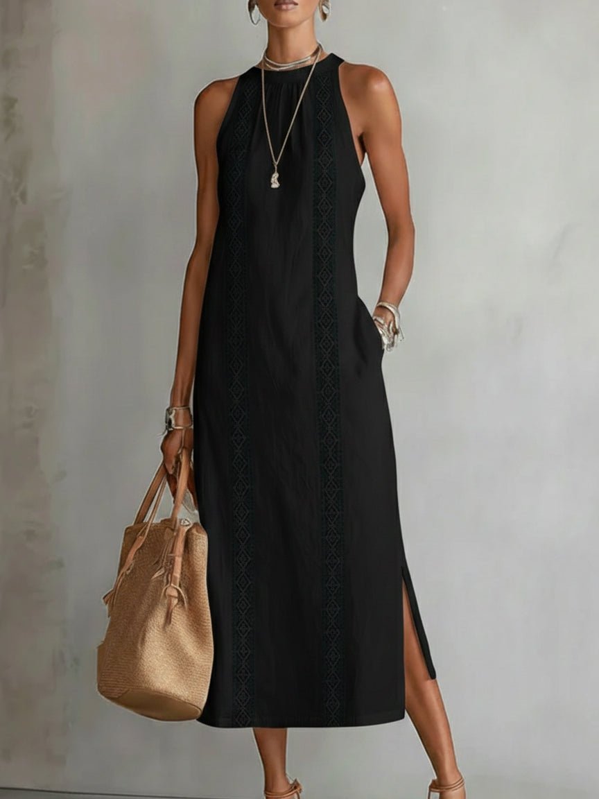VESTIDO MIDI DE LINO CON CUELLO MAO - VALERINA MARBELLA