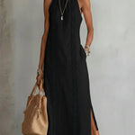 VESTIDO MIDI DE LINO CON CUELLO MAO - VALERINA MARBELLA