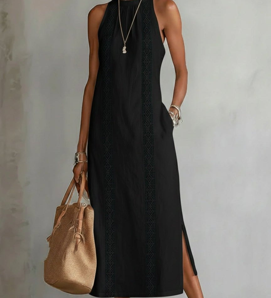 VESTIDO MIDI DE LINO CON CUELLO MAO - VALERINA MARBELLA