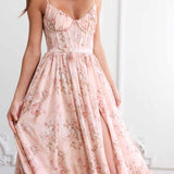 Vestido longo floral com babados e fenda