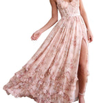 Vestido longo floral com babados e fenda