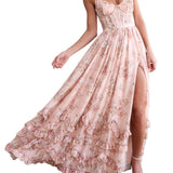 Vestido longo floral com babados e fenda