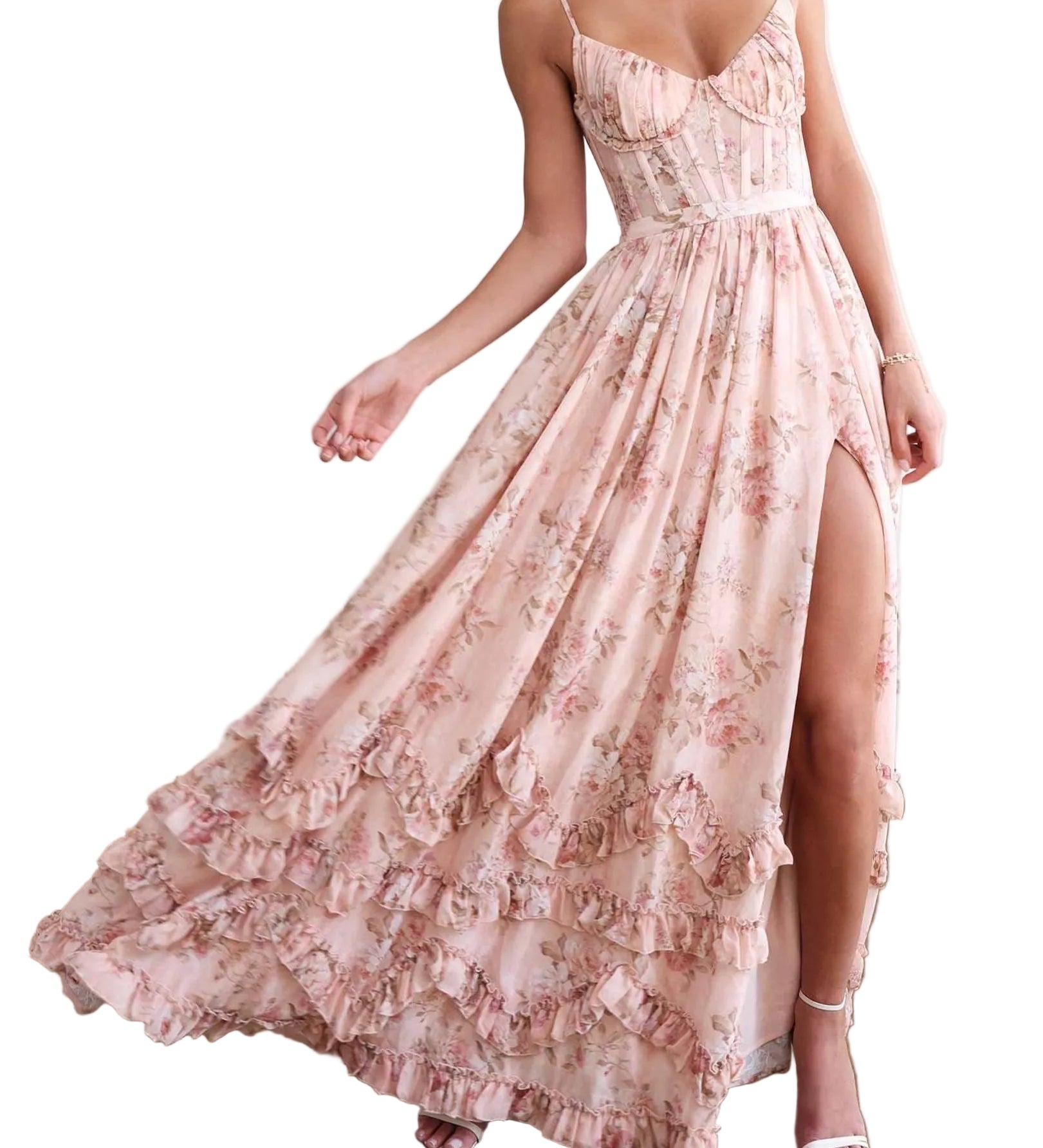 Vestido longo floral com babados e fenda