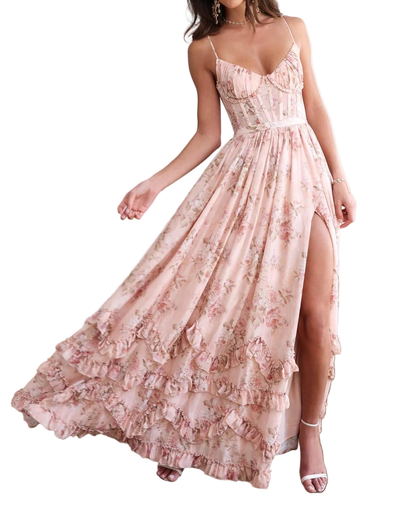 Vestido longo floral com babados e fenda