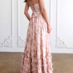 Vestido longo floral com babados e fenda