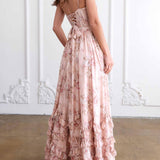 Vestido longo floral com babados e fenda